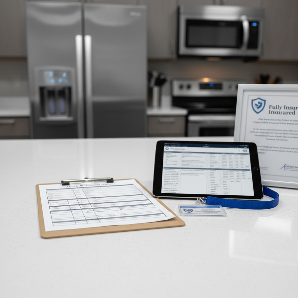 A detailed close-up of a professional cleaning checklist and tablet arranged on a spotless office breakroom counter, captured in photographic realism. The countertop surface is freshly sanitized, with a subtle sheen under cool, diffused fluorescent lighting. The printed checklist and documents are clearly forms yet intentionally unreadable, accompanied by an ID badge and a generic insurance-style certificate partially visible in a simple frame, symbolizing fully insured service. In the softly blurred background, a sparkling stainless steel fridge and microwave show no fingerprints or smudges. Shot from a slightly elevated angle with shallow depth of field, the mood is organized, methodical, and trustworthy, reinforcing a meticulous commercial janitorial process in North Richland Hills without showing any people or legible text.