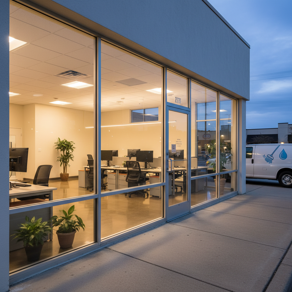 An exterior evening view of a small commercial building in North Richland Hills, its large front windows revealing an impeccably clean interior office with shining floors and tidy workstations. The sidewalk and glass door are free of dirt and streaks, subtly emphasizing professional janitorial care. Warm interior lighting spills onto the entrance, contrasting with the cool blue of twilight, creating a welcoming glow. A generic vehicle with a simple, non-textual cleaning-themed graphic is parked nearby, hinting at mobile service without branding. Photographic realism from a slightly angled street-level perspective captures both the building and the reflections on the glass, conveying reliability, ongoing service, and a professional, contract-free relationship with local businesses.