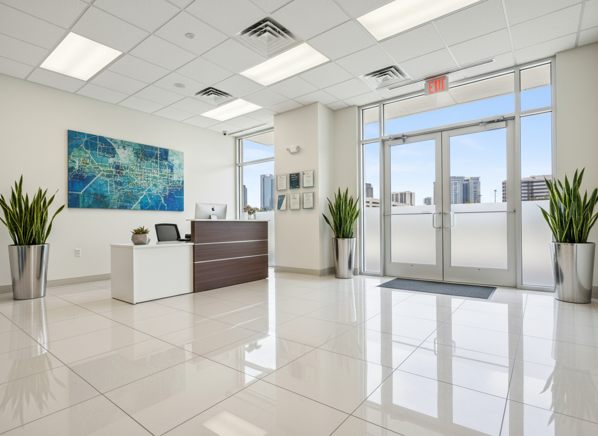 A pristine, professionally maintained commercial office lobby in photographic realism, featuring highly polished tile floors, spotless glass doors, and dust-free modern reception furniture. The scene suggests a North Richland Hills business setting, with a subtle city map artwork on the wall and greenery in sleek planters. Near the entrance, a small, transparent wall-mounted holder contains generic, unreadable certificates and forms, hinting at full insurance and compliance without showing actual text. Bright, diffused overhead lighting combines with daylight from large front windows, creating clear reflections on the floor and glass. Shot from a wide-angle, slightly low perspective to emphasize scale and cleanliness, the mood is professional, organized, and inviting, ideal for commercial janitorial service branding.