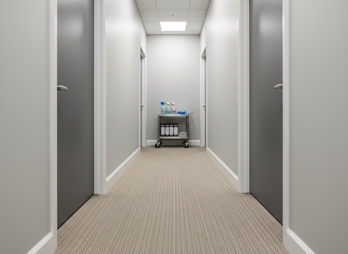 An orderly hallway of a small business office suite, freshly cleaned and ready for the workday, with vacuum lines visible in a low-pile commercial carpet, spotless baseboards, and smudge-free door handles. Photographic realism captures subtle textures of the carpet and paint, while soft, neutral overhead lighting creates an even, shadow-free illumination that highlights the meticulous janitorial work. On a neatly organized utility cart parked at the end of the hallway, color-coded bottles, gloves, and a closed binder with generic labels subtly communicate professional processes, safety, and insured service. The composition uses leading lines down the corridor to draw the eye, with a calm, efficient, and reliable mood that speaks to contract-free, recurring commercial cleaning.